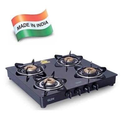 Glen 4 Burner Gas Stove 1043 GT Brass Burner Black Cooktop Auto Ignition