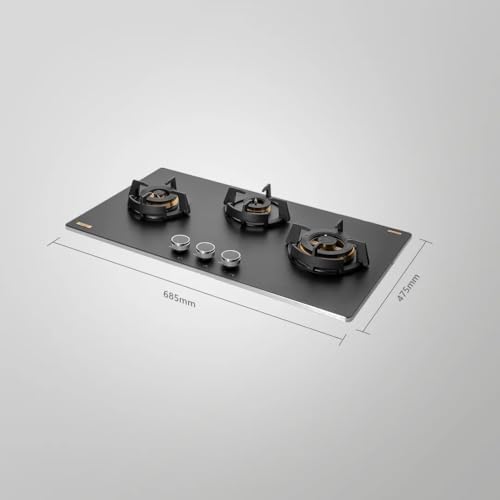 KAFF MSM 783X | Full Brass Burners | Flame Failure Device | Premium Frosted Black Glass With Decorative SS Moulded Strip | Ergonomic Designer Metal Knobs | 3 Burner (Black)