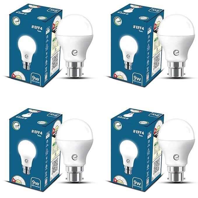 eFF4 9W Energy Saving LED Light Bulb, B22 Bayonet Base, White, Round Shape (B22D, 4, count)