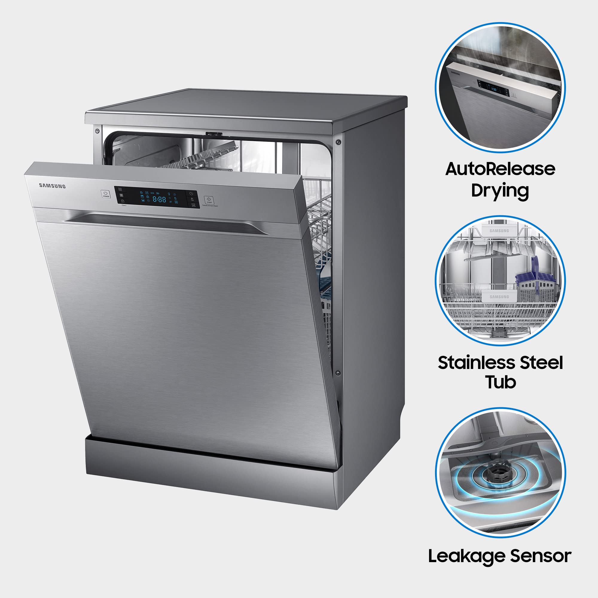 Samsung 13 Place Setting Freestanding Dishwasher with Intensive Wash (DW60M6043FS/TL), Ice blue, Stainless Steel Tub, Hygiene Clean, Height Adjustable Rack)