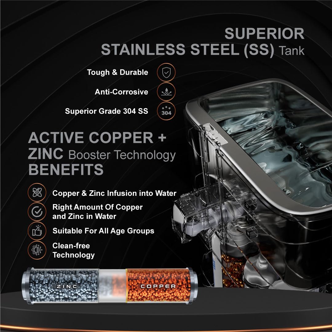 Aquaguard Ritz RO+UV+TA+AC Water Purifier | Stainless Steel Tank | Upto 60% Water Savings | Active Copper Tech | 8 Stage Purification | Suitable for Borewell/Tanker/Municipal Water | 2 Free S