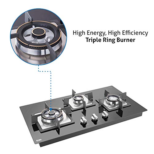ग्लेन 3 बर्नर मल्टी स्पार्क ऑटो इग्निशन बिल्ट-इन ग्लास हॉब | 8 MM ग्लास फोर्ज्ड पीतल बर्नर डबल-रिंग फ्लेम के साथ | 2 साल की मानक और 5 साल की ग्लास वारंटी | 1073 SQ HT DB TR