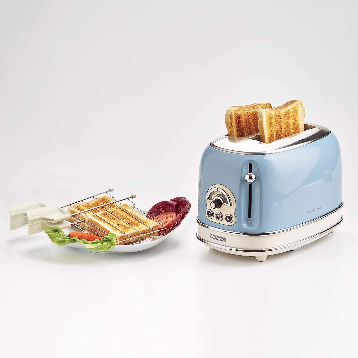 Ariete 155 Design Toaster 2 Slices With Tongs, 6 Toasting Levels, 810 W, Stainless Steel Body, Removable Crumb Tray, Pastel Blue