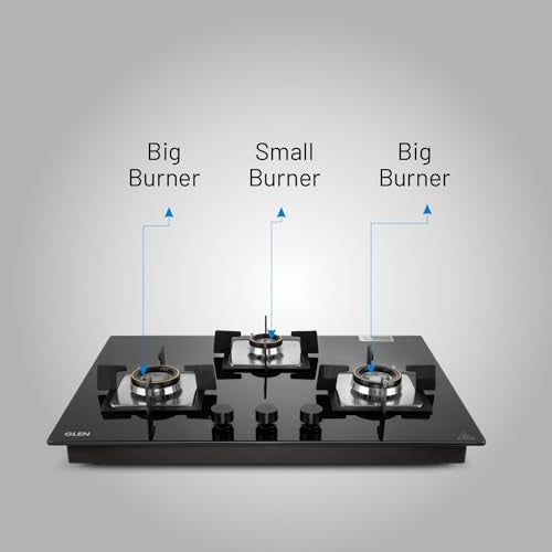 க்ளென் 3 பர்னர் பில்ட் இன் கிளாஸ் ஹாப் | ஆட்டோ இக்னிஷன் | 8 மிமீ டஃபன்ட் கிளாஸ் | கருப்பு | இரட்டை வளைய சுடருடன் கூடிய போலி பித்தளை பர்னர் | 2 வருட தரநிலை & 5 வருட கண்ணாடி | 1073 SQ HT DB 70