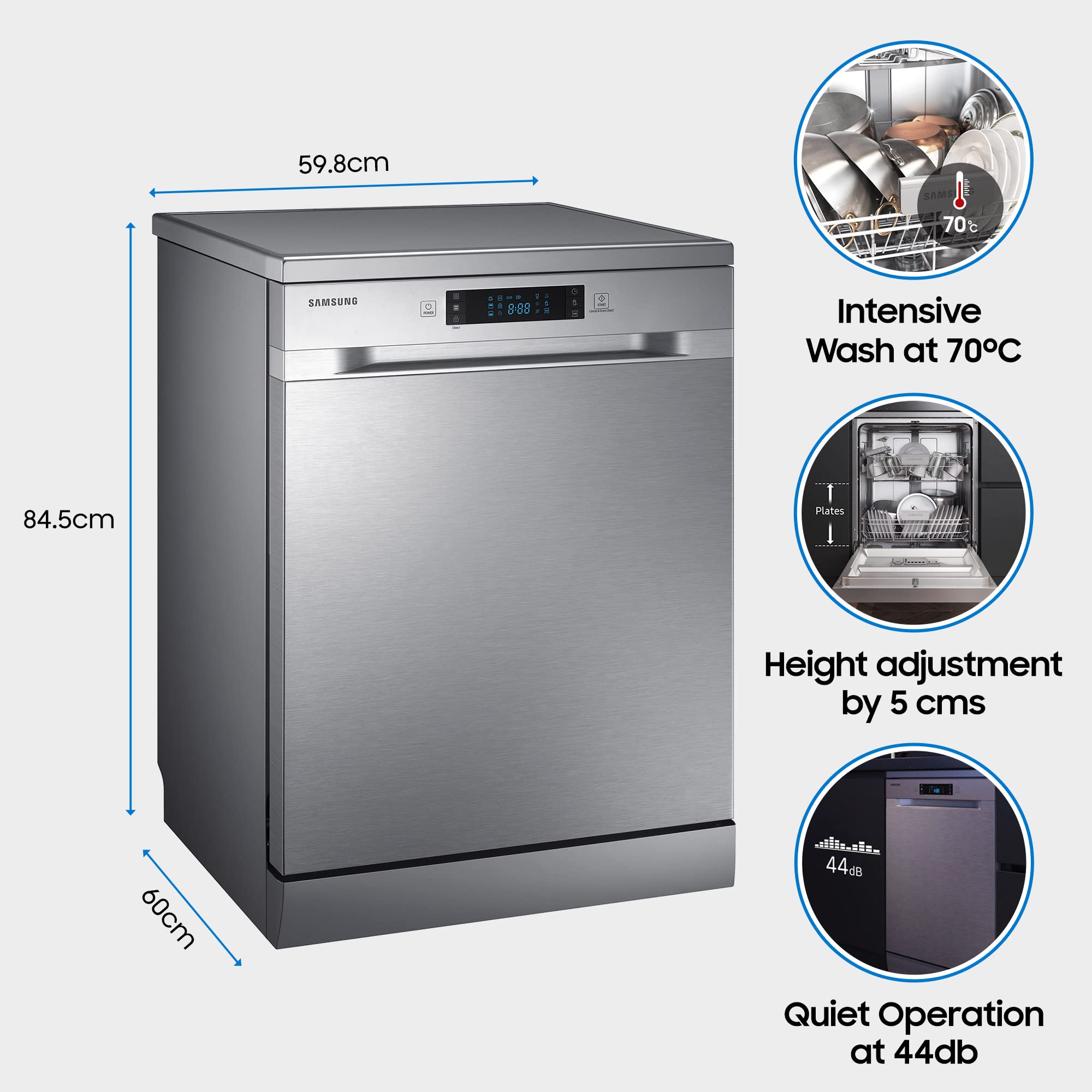 Samsung 13 Place Setting Freestanding Dishwasher with Intensive Wash (DW60M6043FS/TL), Ice blue, Stainless Steel Tub, Hygiene Clean, Height Adjustable Rack)
