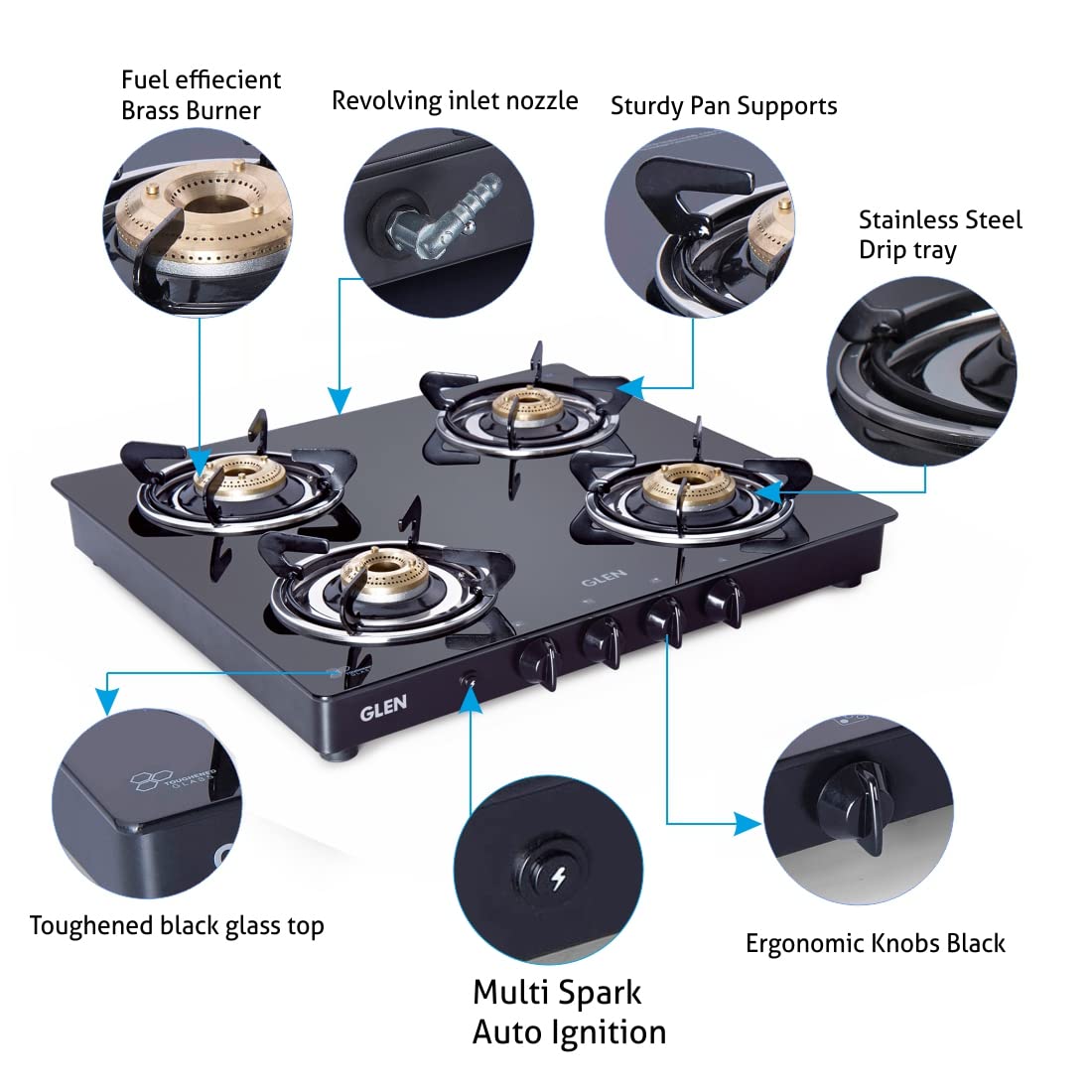க்ளென் 4 பர்னர் டஃபன்ட் கிளாஸ் டாப் | எல்பிஜி கேஸ் ஸ்டவ்கள் | எரிபொருள் திறன் கொண்ட பித்தளை பர்னர்கள் | கருப்பு | ஆட்டோ இக்னிஷன் | 360 டிகிரி ரிவால்விங் நோசில் | 2 வருட உத்தரவாதம் | 1041 GT BB BL AI