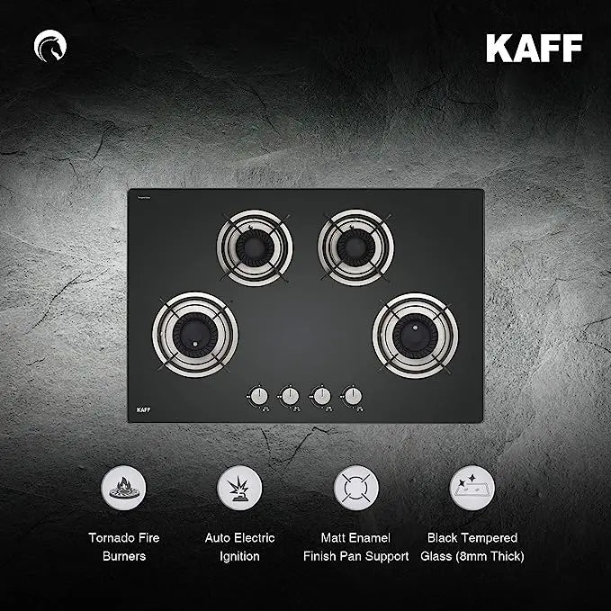 KAFF CRH 804 டொர்னாடோ ஸ்டைல் பர்னர் ஸ்டெயின்லெஸ் ஸ்டீல், டெம்பர்டு கிளாஸ் ஆட்டோ இக்னிஷன் இன்-பில்ட் ஹாப்ஸ் (கருப்பு)