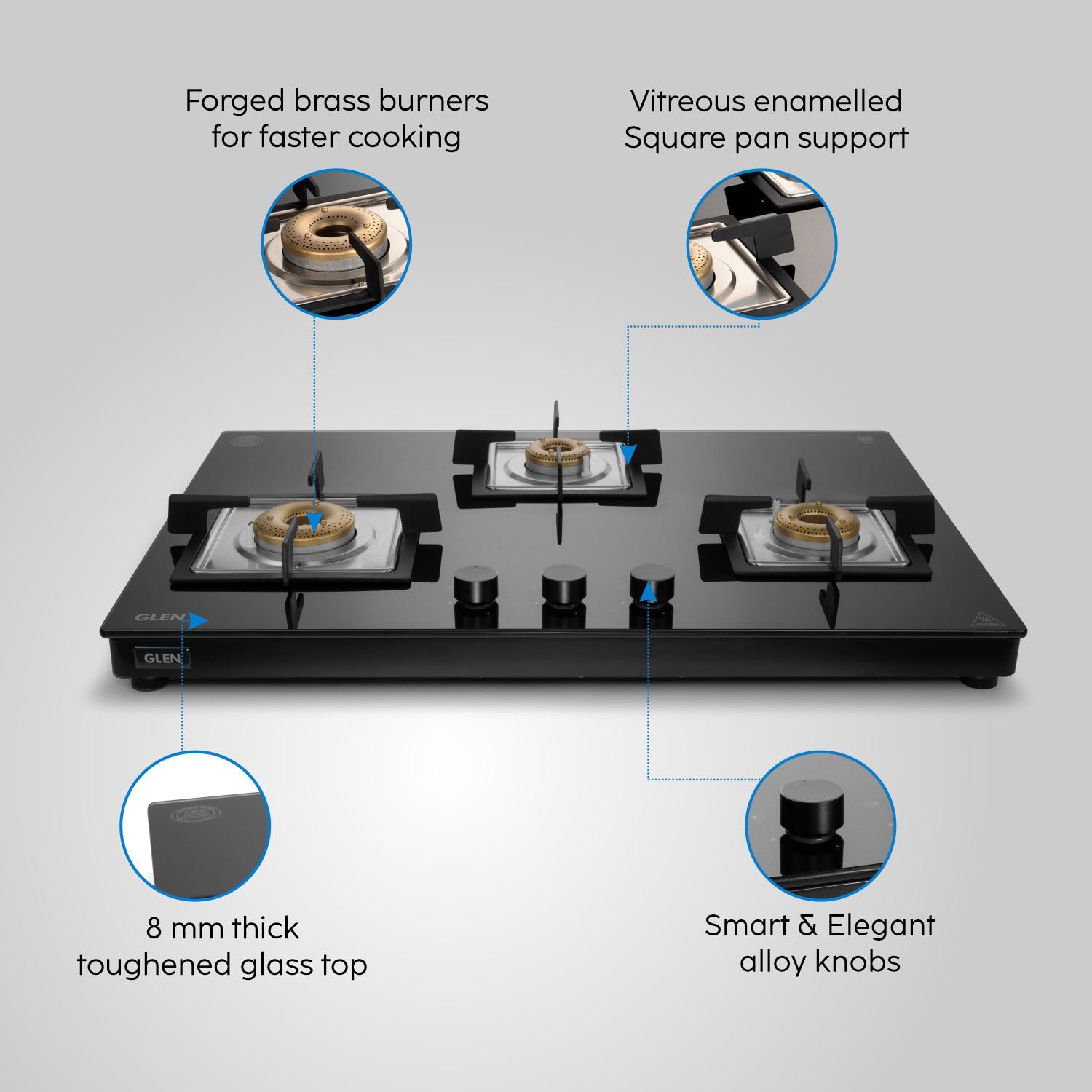 க்ளென் 3 & 4 பர்னர் அல்ட்ரா ஸ்லிம் ஃப்ரீ ஸ்டாண்டிங் ஹாப் | 8 மிமீ டஃபன்ட் கிளாஸ் | கருப்பு | போலி பித்தளை பர்னர்கள் | உத்தரவாதம் 2 ஆண்டுகள் தரநிலை & 5 ஆண்டுகள் கண்ணாடி (4 பர்னர்)