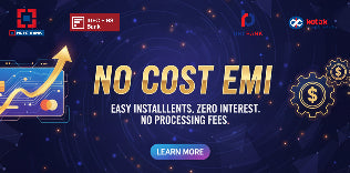 Promotional banner for 'No Cost EMI' with bank logos and financial icons on a blue background.