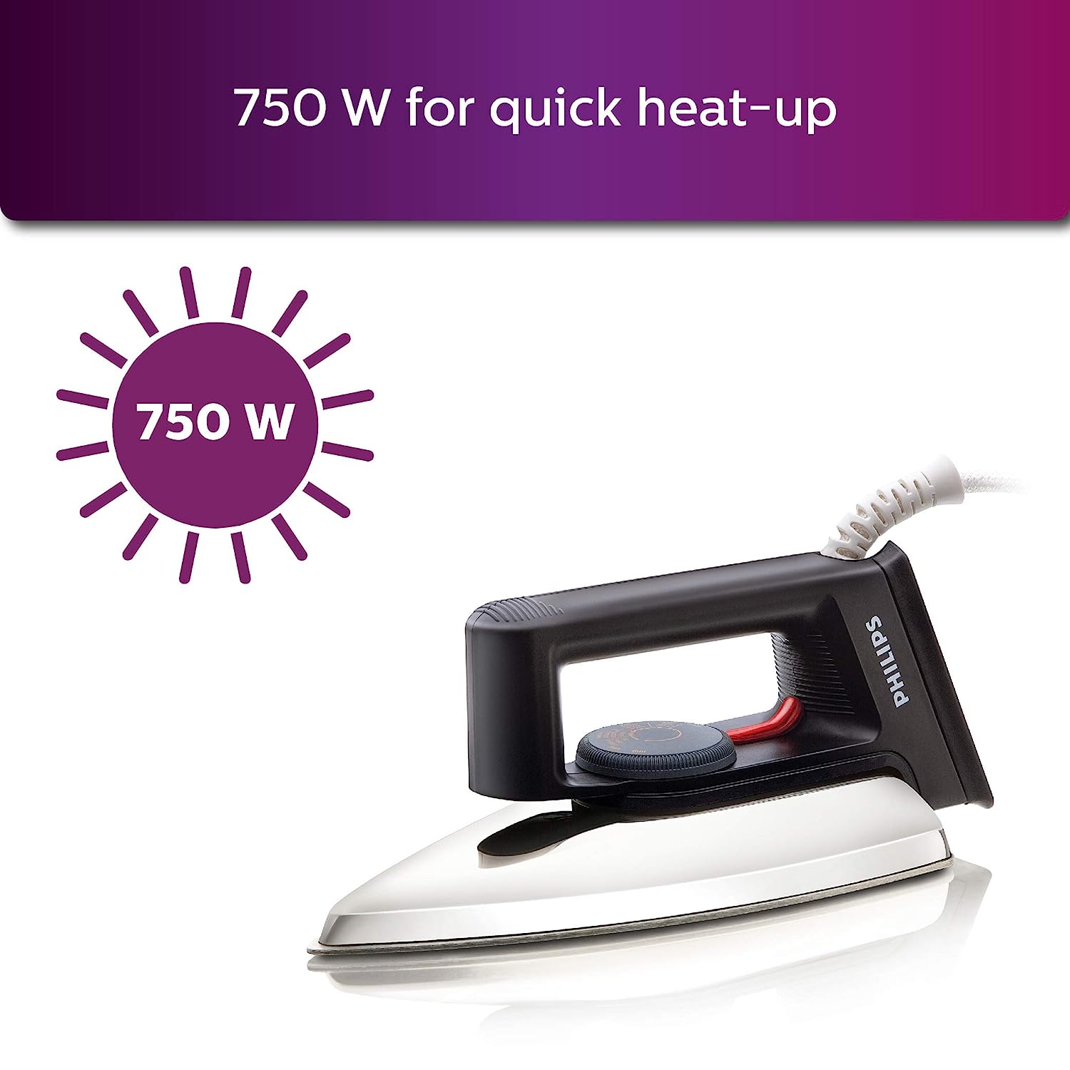 Philips Dry Iron HD1134/28 with 750 Watts Power, linished Soleplate and Temperature Ready Light