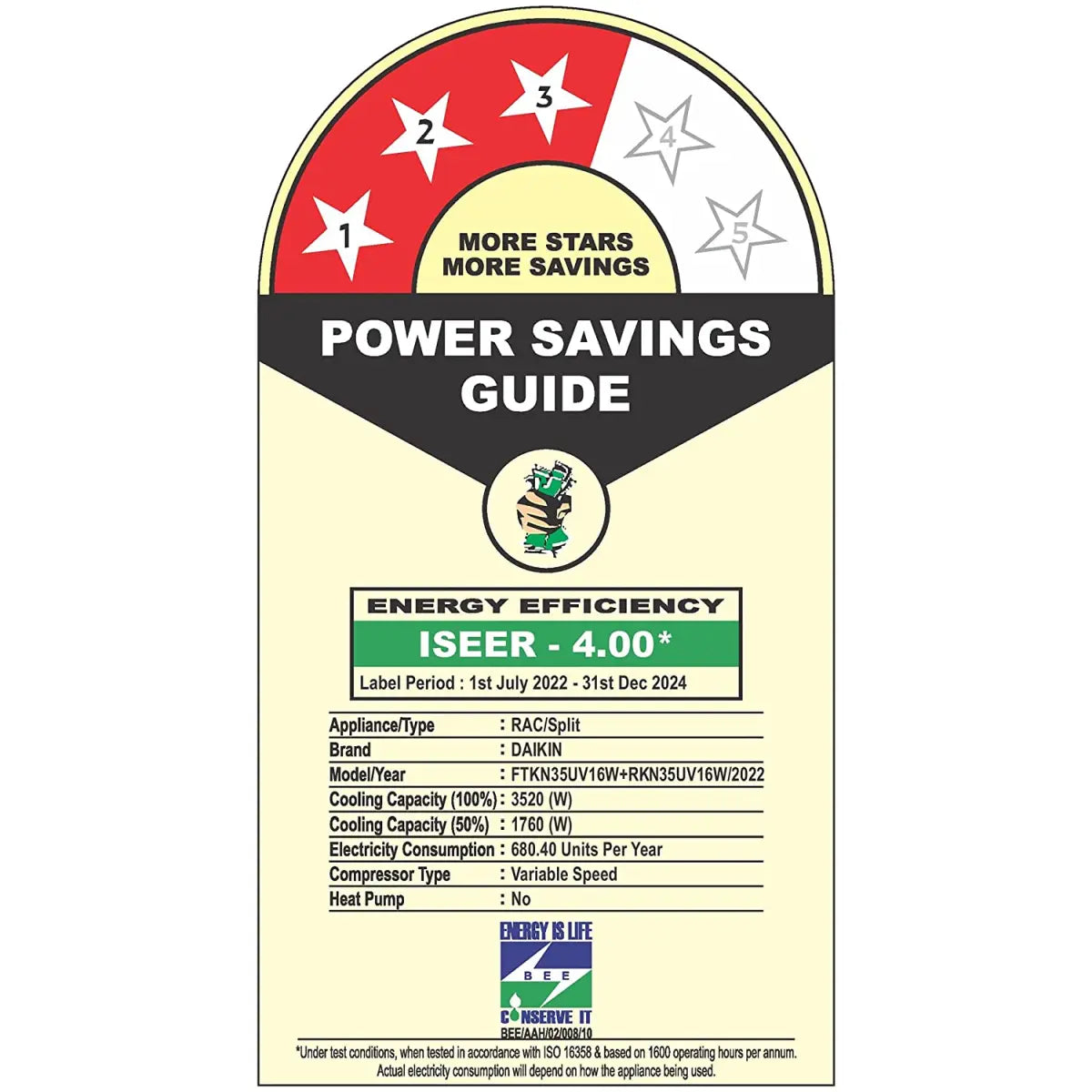 डाइकिन 1 टन 3 स्टार इन्वर्टर स्प्लिट एसी FTKN35UV16 सफ़ेद