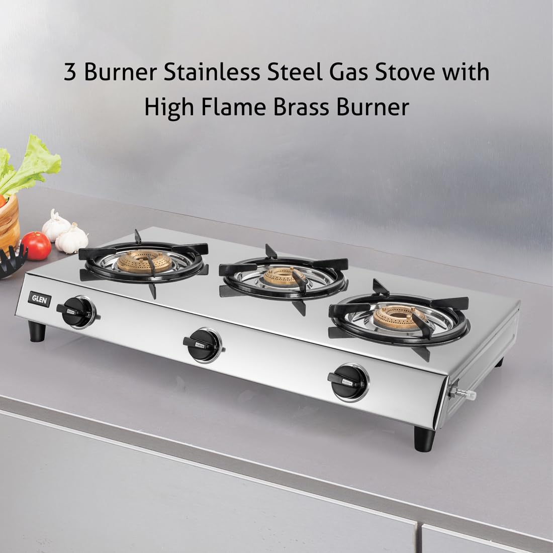 3 Burner Stainless Steel Gas Stove with High Flame Brass Burner (Rectangular)