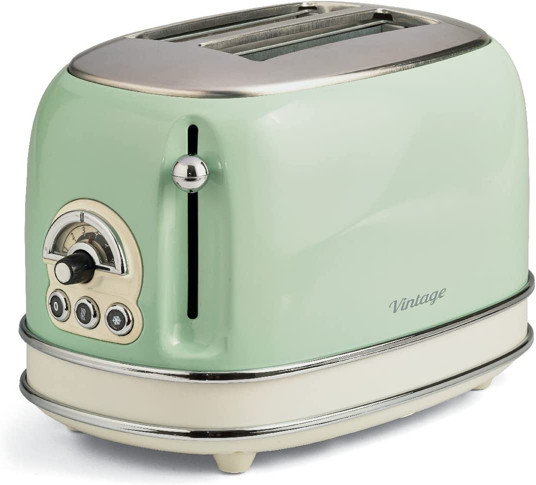 Ariete 155 Design Toaster 2 Slices With Tongs, 6 Toasting Levels, 810 W, Stainless Steel Body, Removable Crumb Tray, Pastel Green