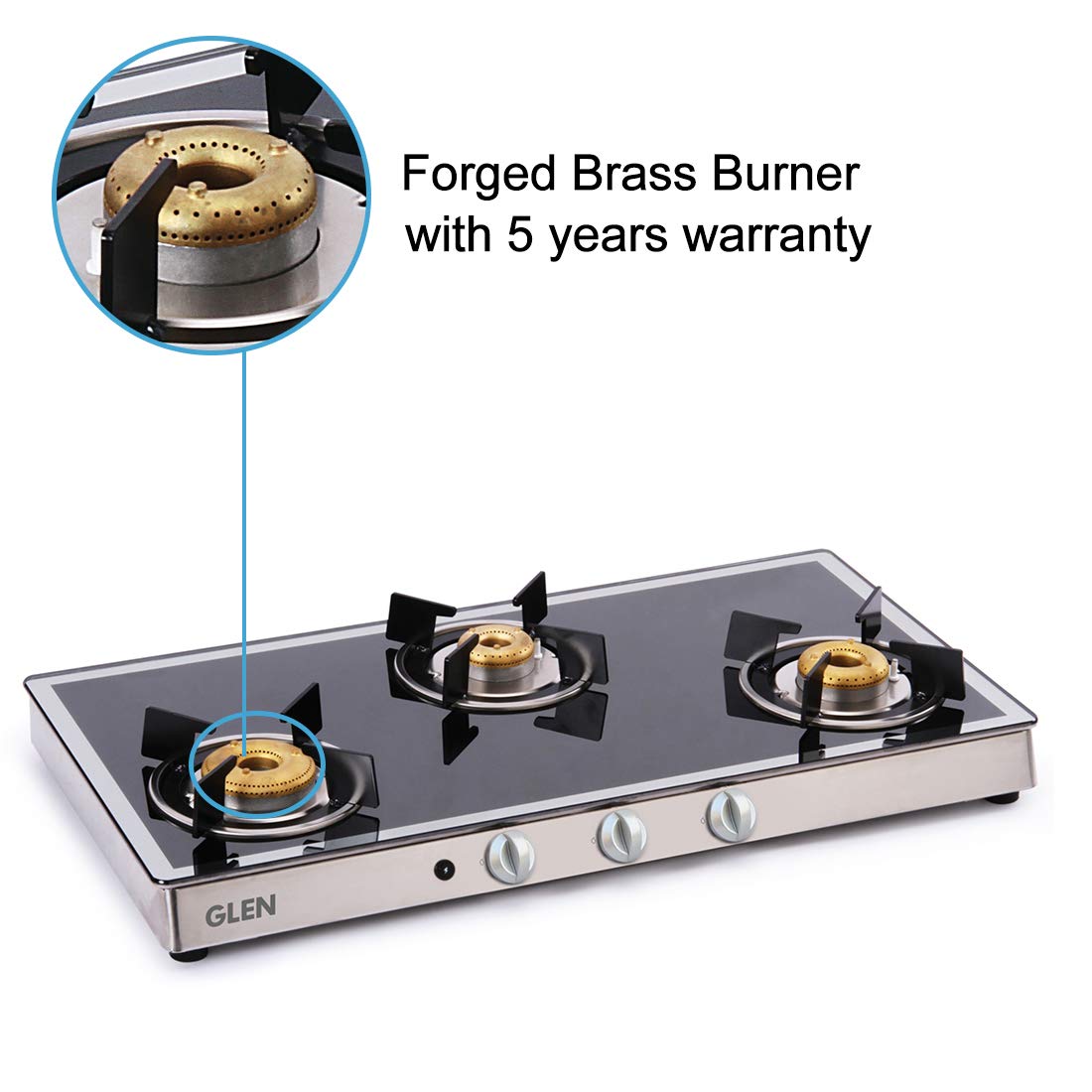 Glen 1038 GT Forged BB 3 Burners Gas Stove Auto Ignition (Black/Silver)