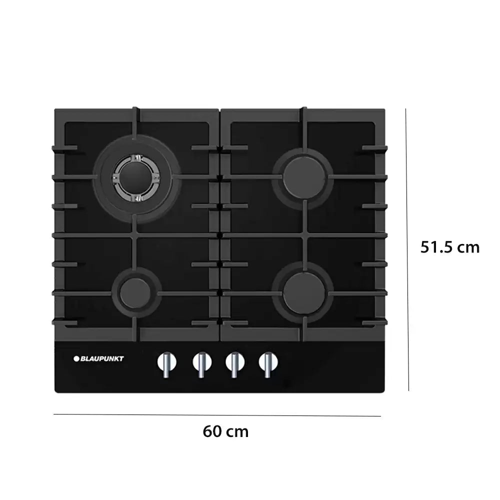 Blaupunkt 5GB62191IN 60cm 4 Brass Burner Auto Ignition Glass Top Built-in Hob - Black