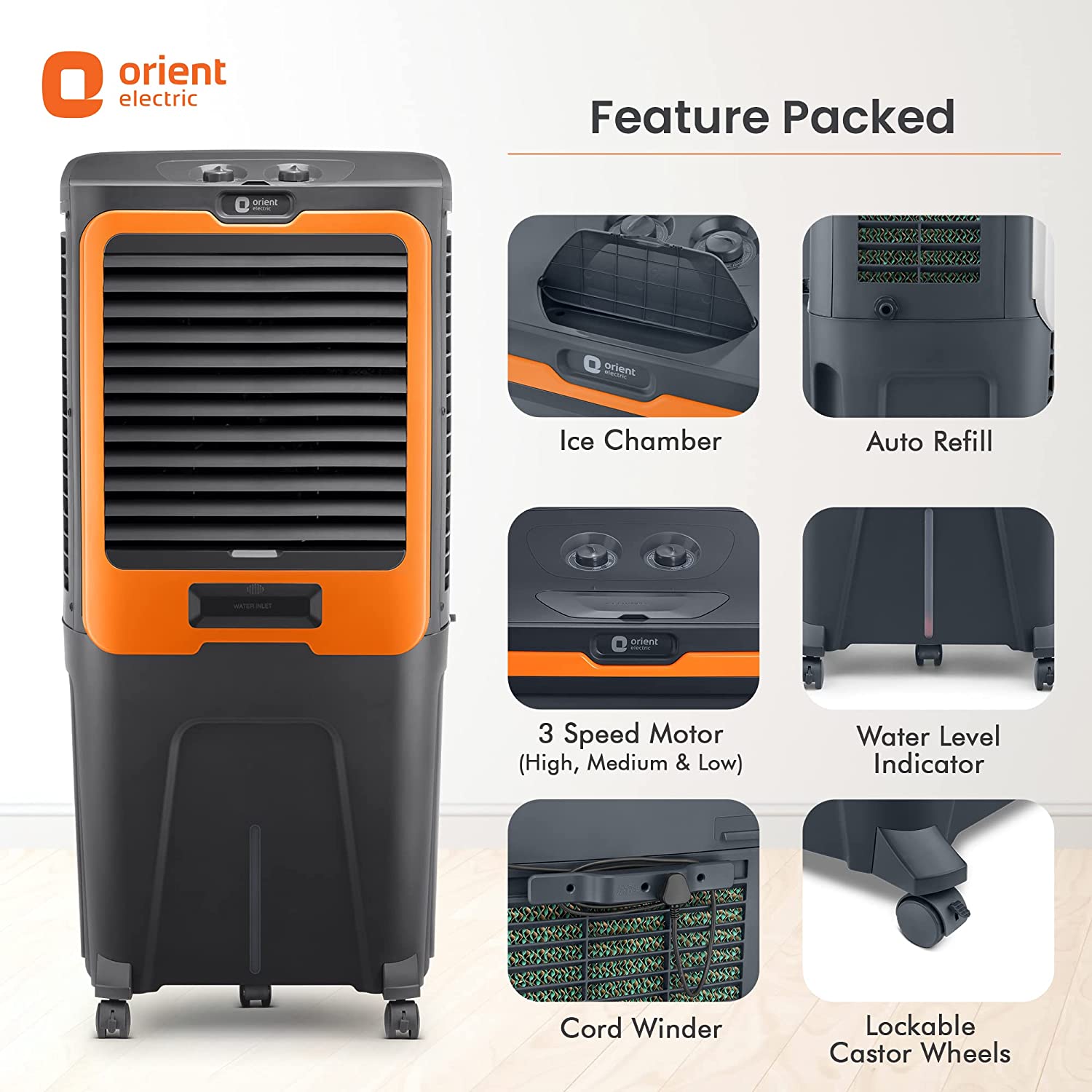 Orient Electric Ultimo 88L Desert Air Cooler with Densenest Honeycomb pads (Grey and Orange)