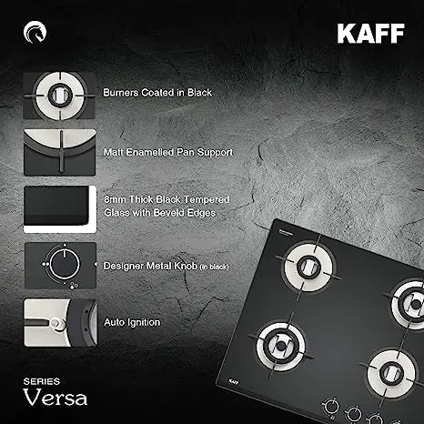 KAFF Built in Hob VRH 604 | Brass Burners Coated in Black | Metal Knobs | Auto Ignition