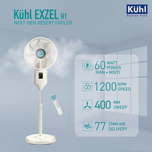 KUHL Exzel H1 400mm BLDC Desert Cooler w/ Mist Humidifier| 60W| Remote| Digital Display| No Water Droplets| 8Hr Tank| High Air Flow & Low Noise