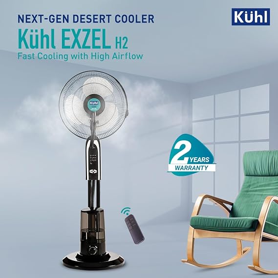 KUHL Exzel H2 Next Gen Desert Cooler Pedestal with Mist & Humidifier | 3 Blades | 3 Speed | Remote & Touch Panel | Height Adjustment | 8 Hr Water Tank | 400 mm