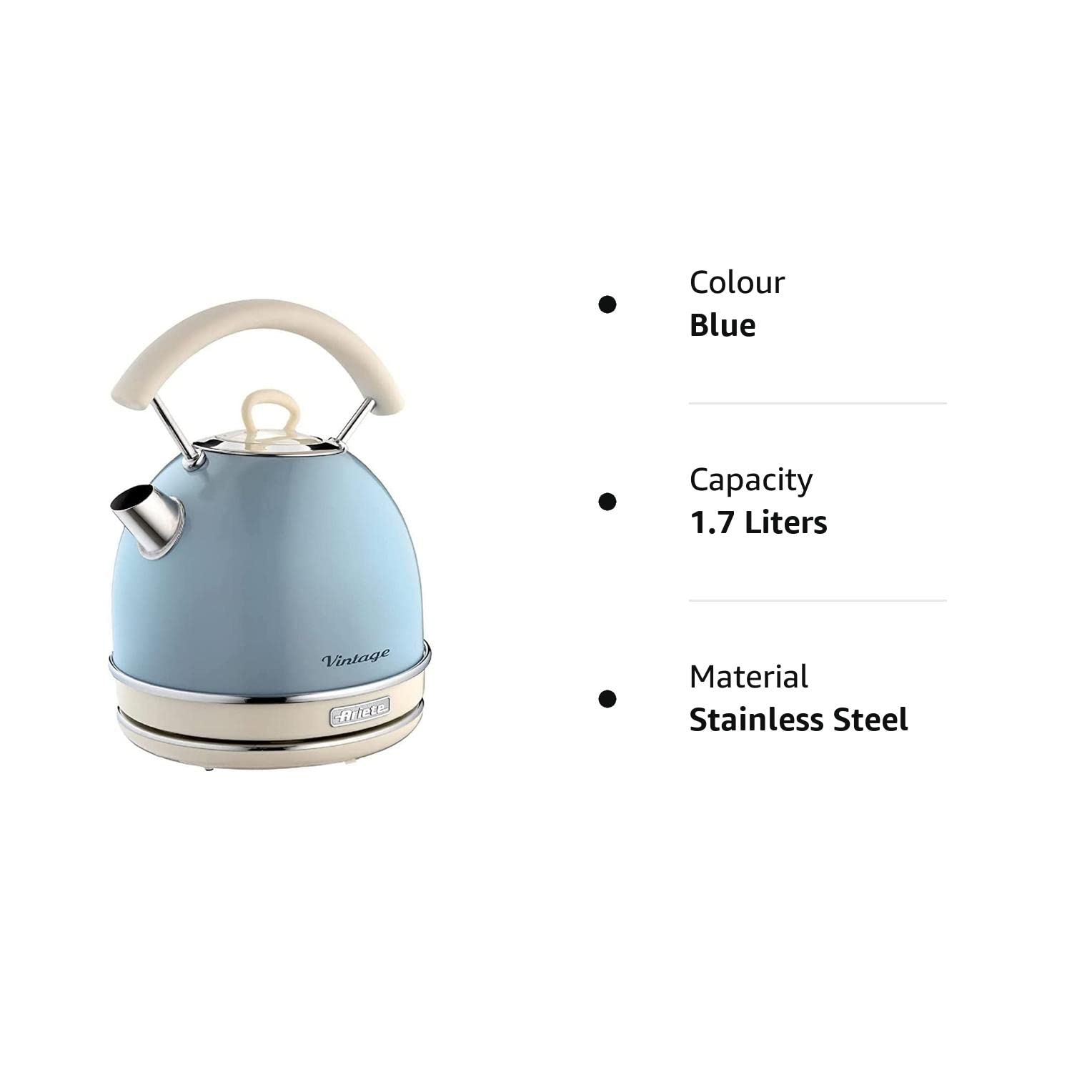 Ariete 2877 - Design Electric Kettle, 2000W, 1,7 L, Stainless Steel, Visible Water Level, Pastel Blue