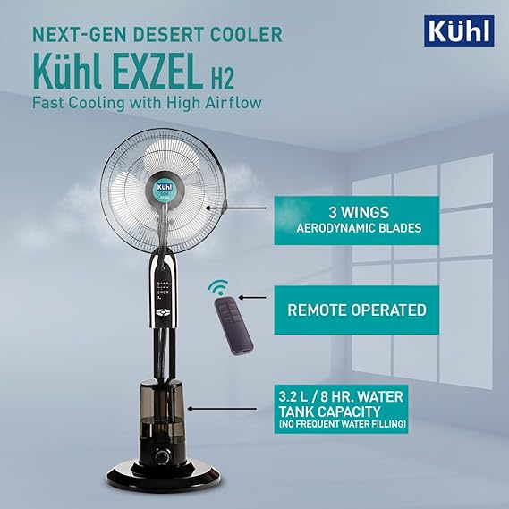KUHL Exzel H2 Next Gen Desert Cooler Pedestal with Mist & Humidifier | 3 Blades | 3 Speed | Remote & Touch Panel | Height Adjustment | 8 Hr Water Tank | 400 mm