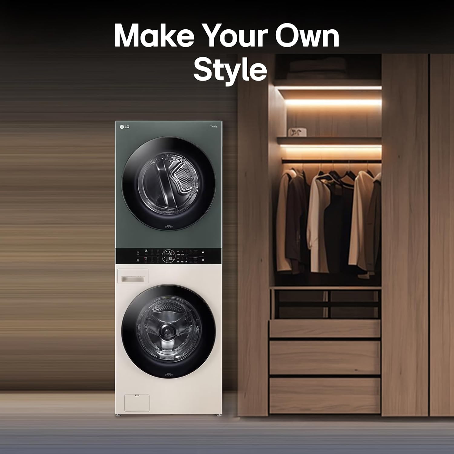 LG WashTower 13 Kg /10 Kg with AI Direct Drive & DUAL Inverter Heat Pump, Fully Automatic Front Load Washing Machine and Dryer (FWT1310BG) with Wi Fi & Central Control Panel Natural Beige & Green