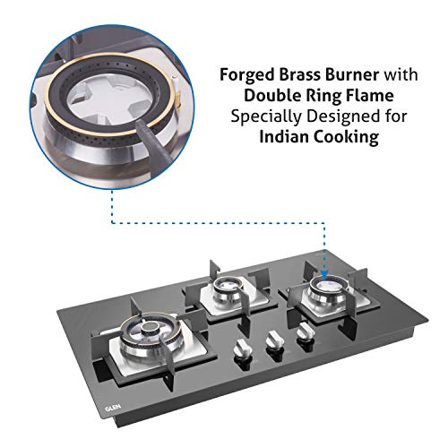 ग्लेन 3 बर्नर मल्टी स्पार्क ऑटो इग्निशन बिल्ट-इन ग्लास हॉब | 8 MM ग्लास फोर्ज्ड पीतल बर्नर डबल-रिंग फ्लेम के साथ | 2 साल की मानक और 5 साल की ग्लास वारंटी | 1073 SQ HT DB TR