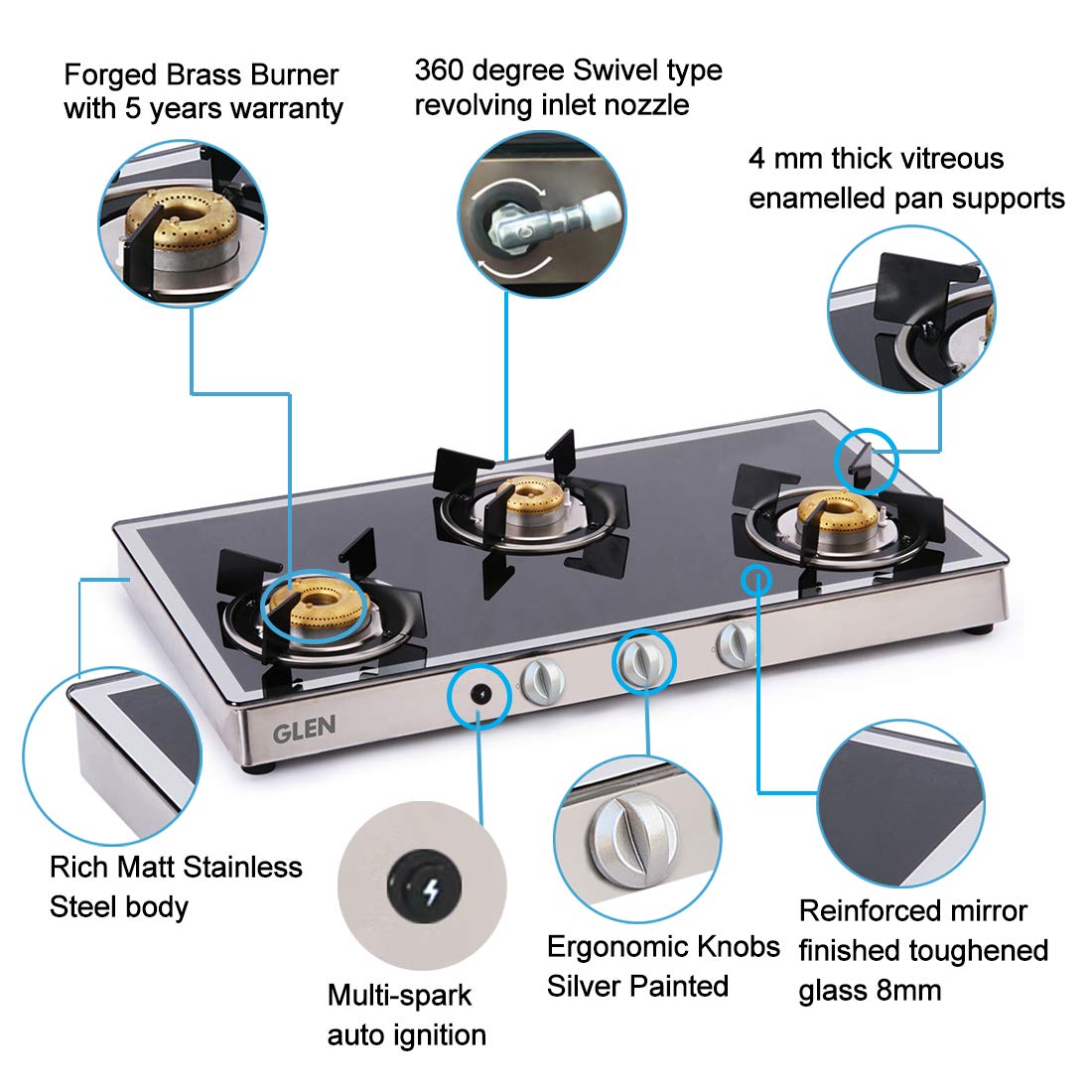 Glen 1038 GT Forged BB 3 Burners Gas Stove Auto Ignition (Black/Silver)