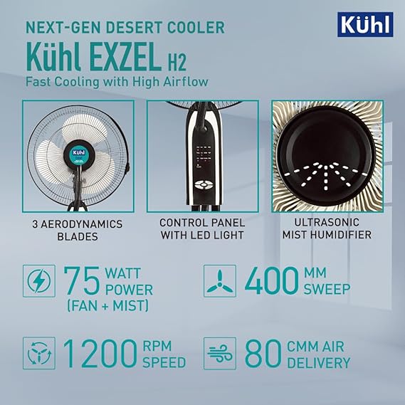 KUHL Exzel H2 Next Gen Desert Cooler Pedestal with Mist & Humidifier | 3 Blades | 3 Speed | Remote & Touch Panel | Height Adjustment | 8 Hr Water Tank | 400 mm
