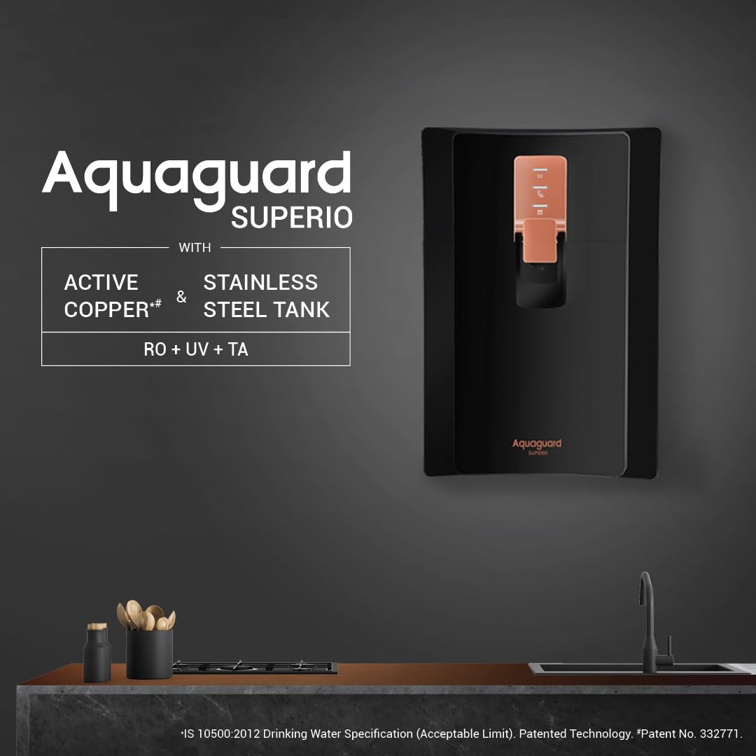 Aquaguard Superio RO+UV+TA Water Purifier with Patented Active Copper Technology & Stainless Steel Tank | Suitable for Borewell/Tanker/Municipal Water | Free Installation | 2 Free Services
