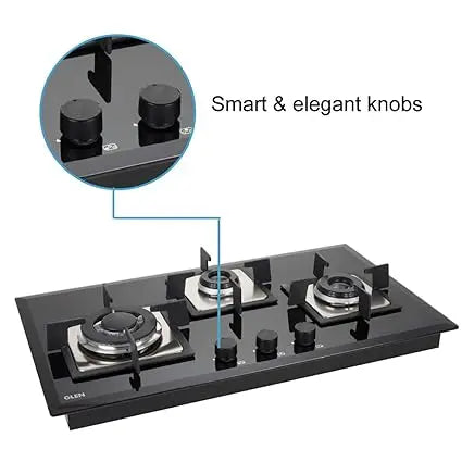 க்ளென் 3 பர்னர் பில்ட் இன் கிளாஸ் கேஸ் ஹாப் டாப் உடன் இத்தாலிய டபுள் ரிங் பர்னர்கள், ஆட்டோ இக்னிஷன், கருப்பு (1073 SQ HT IN TR)