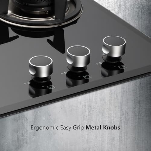 KAFF FBB 603 Built-in Hob/Hobtop 3 Burners, Auto Electric Ignition Glass Top, 60 CM, Full Brass Burner, 8 MM Thick Toughened Glass Bevelled Black Tempered Glass (Black)