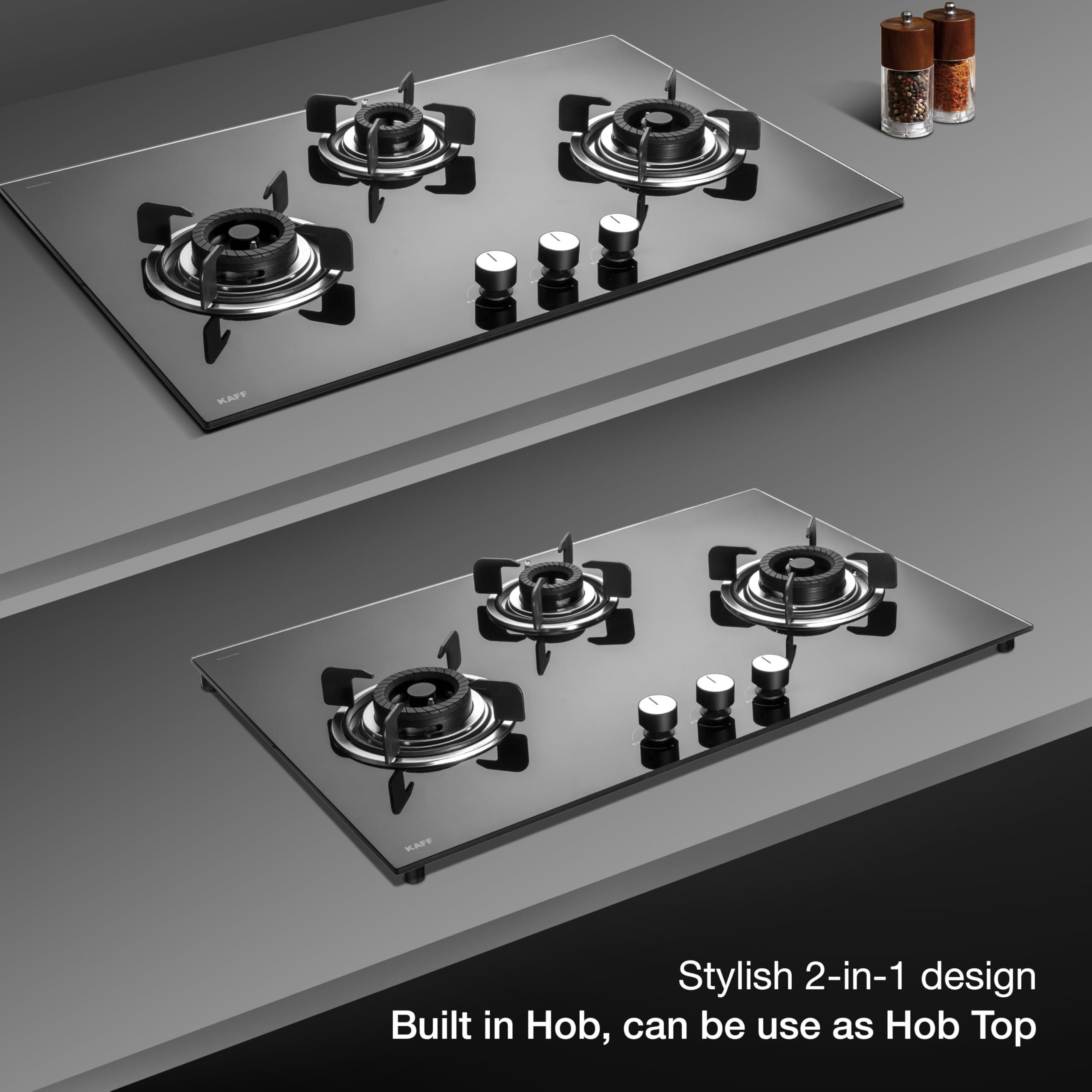 KAFF CRISTA CRH 783 Built-in Hob/Hobtop 3 Burners, Auto Electric Ignition, 78 CM, Black Glass Top, Tornado Style Burners, SS Drip Tray, 8 MM Toughened Glass (Black)