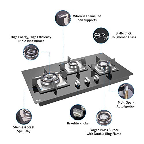 ग्लेन 3 बर्नर मल्टी स्पार्क ऑटो इग्निशन बिल्ट-इन ग्लास हॉब | 8 MM ग्लास फोर्ज्ड पीतल बर्नर डबल-रिंग फ्लेम के साथ | 2 साल की मानक और 5 साल की ग्लास वारंटी | 1073 SQ HT DB TR