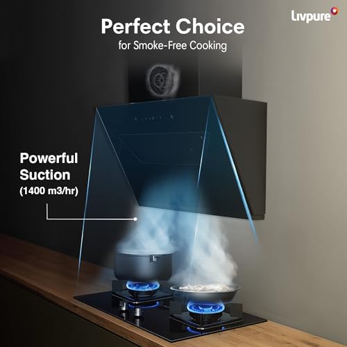 Livpure Emerald-Neo-90 1400 m3/hr Slant |Filterless Auto-Clean Kitchen Chimney with oil collector|10 Year Warranty On Motor (2 Year Comprehensive), (Touch And Gesture Control, Black)