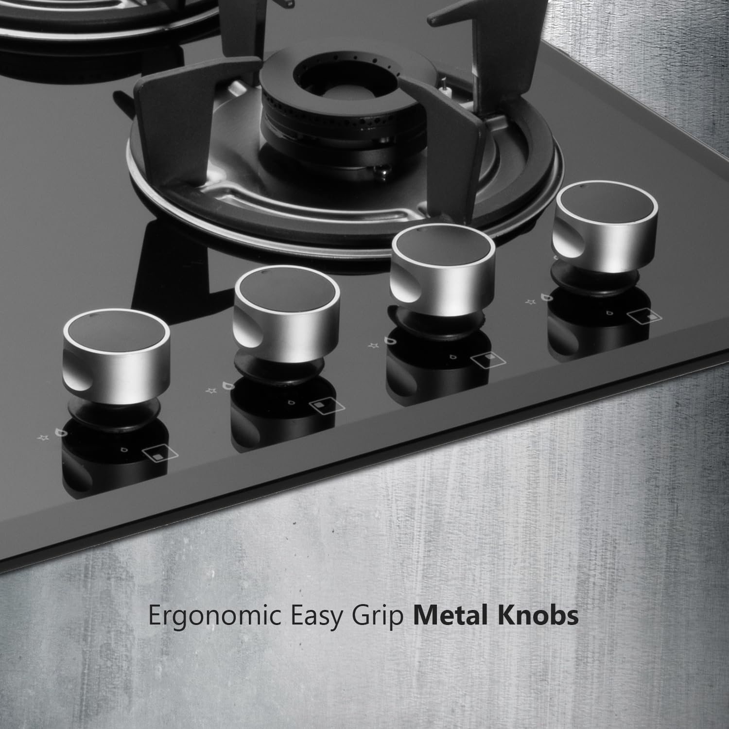 KAFF FBB 604 Built-in Hob/Hobtop 4 Burners, Auto Electric Ignition Glass Top, 60 CM, Full Brass Burner, 8 MM Thick Toughened Glass Bevelled Black Tempered Glass (Black)
