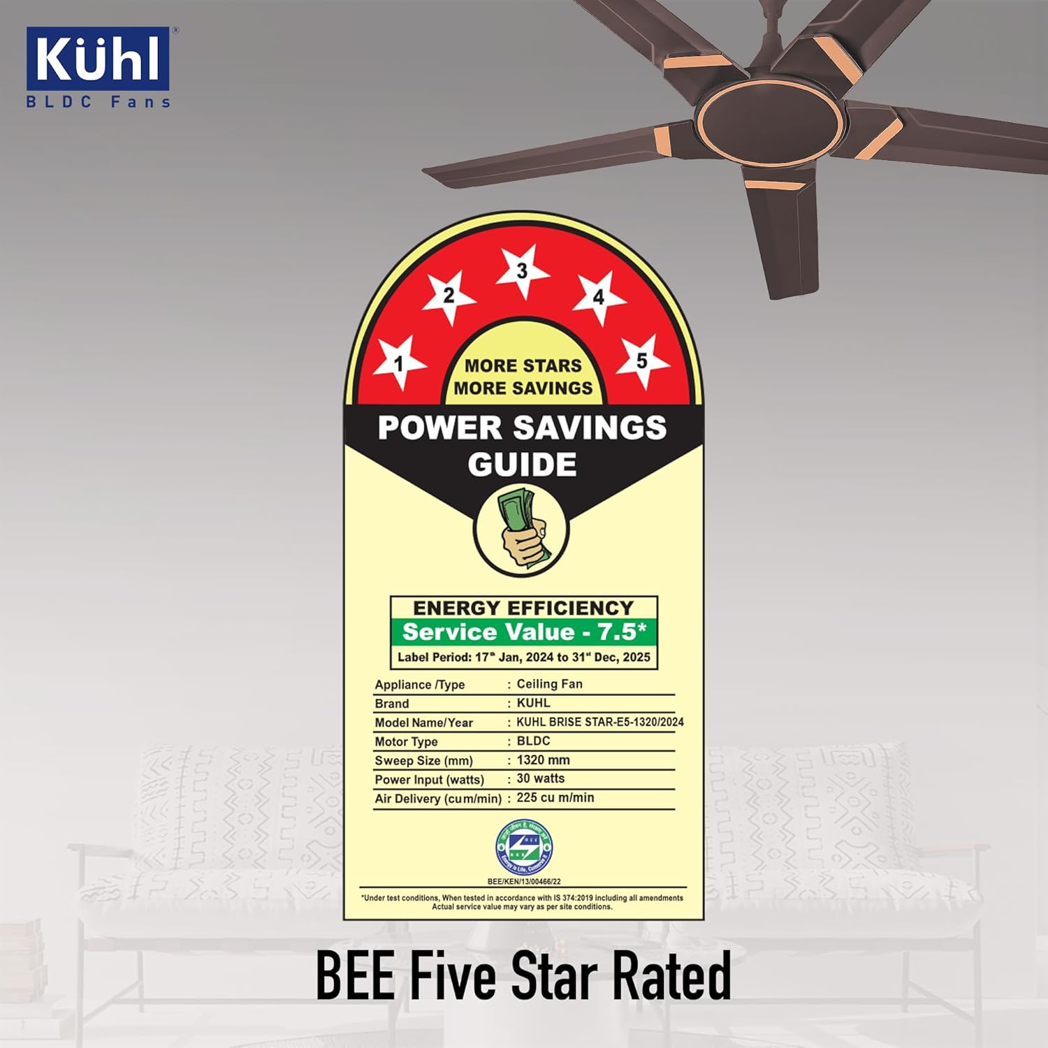 KUHL Brise Star E5 1320mm BLDC Ceiling Fan with Remote | 65% Energy Savings | BEE 5 Star & ISI Certified | High Air Flow