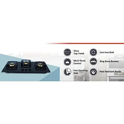 Elica Hob 3 Burner Auto Ignition Glass Top - 2 Mini Triple Ring and 1 Double Ring Brass Burner (FLEXI PRO FB 3B 75 MT DX)