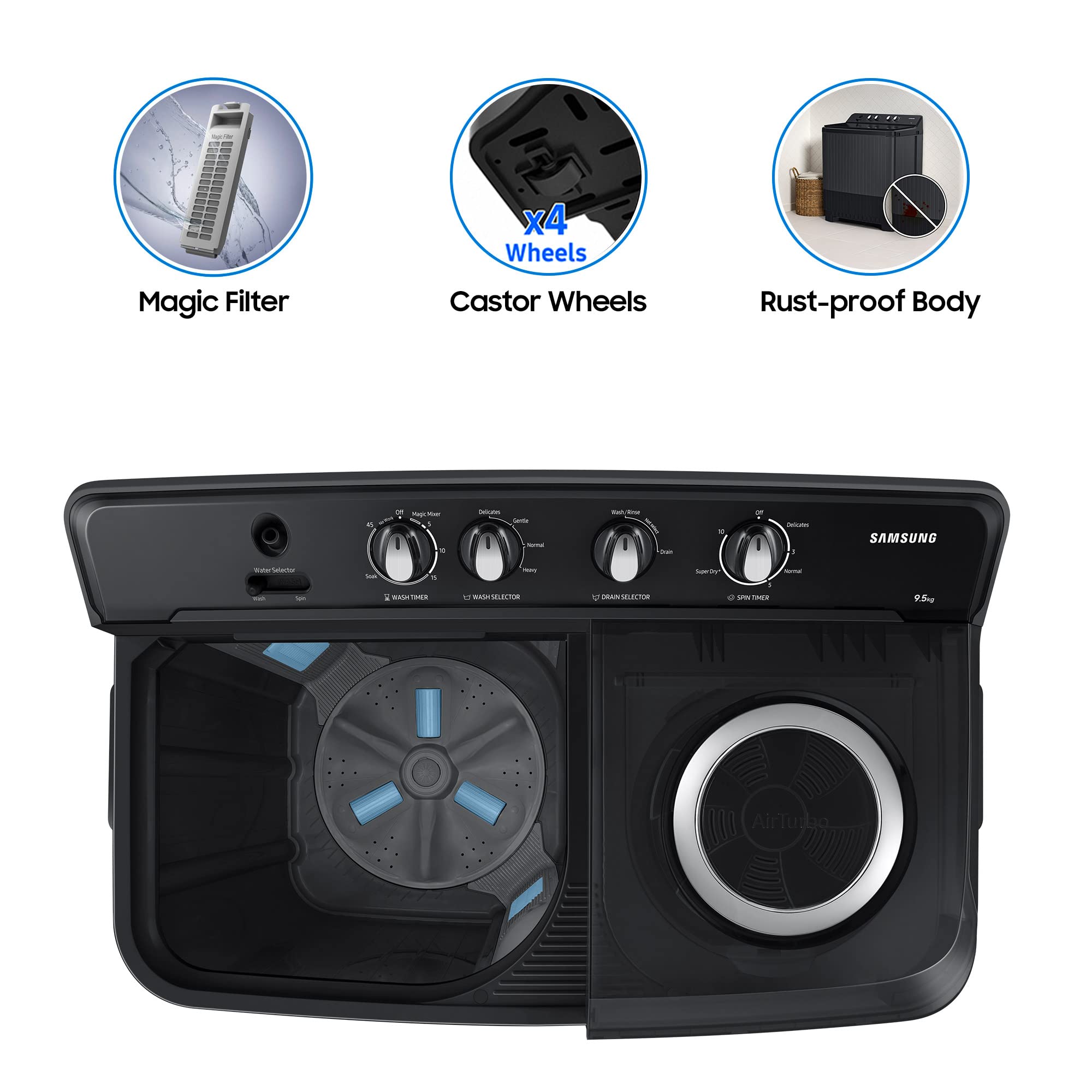 Samsung 9.5 kg, 5 Star, Hexa Storm Pulsator, Semi-Automatic Top Load Washing Machine (WT95A4260GD/TL, Air Turbo Drying, Dark Gray)