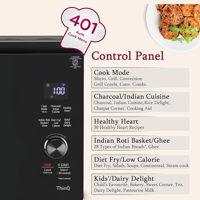 LG 32L Wi-Fi Charcoal Convection Microwave (MJEN326UIW) with Scan to Cook, Heart-Friendly Recipes & 360° Rotisserie - Black Regal Pattern