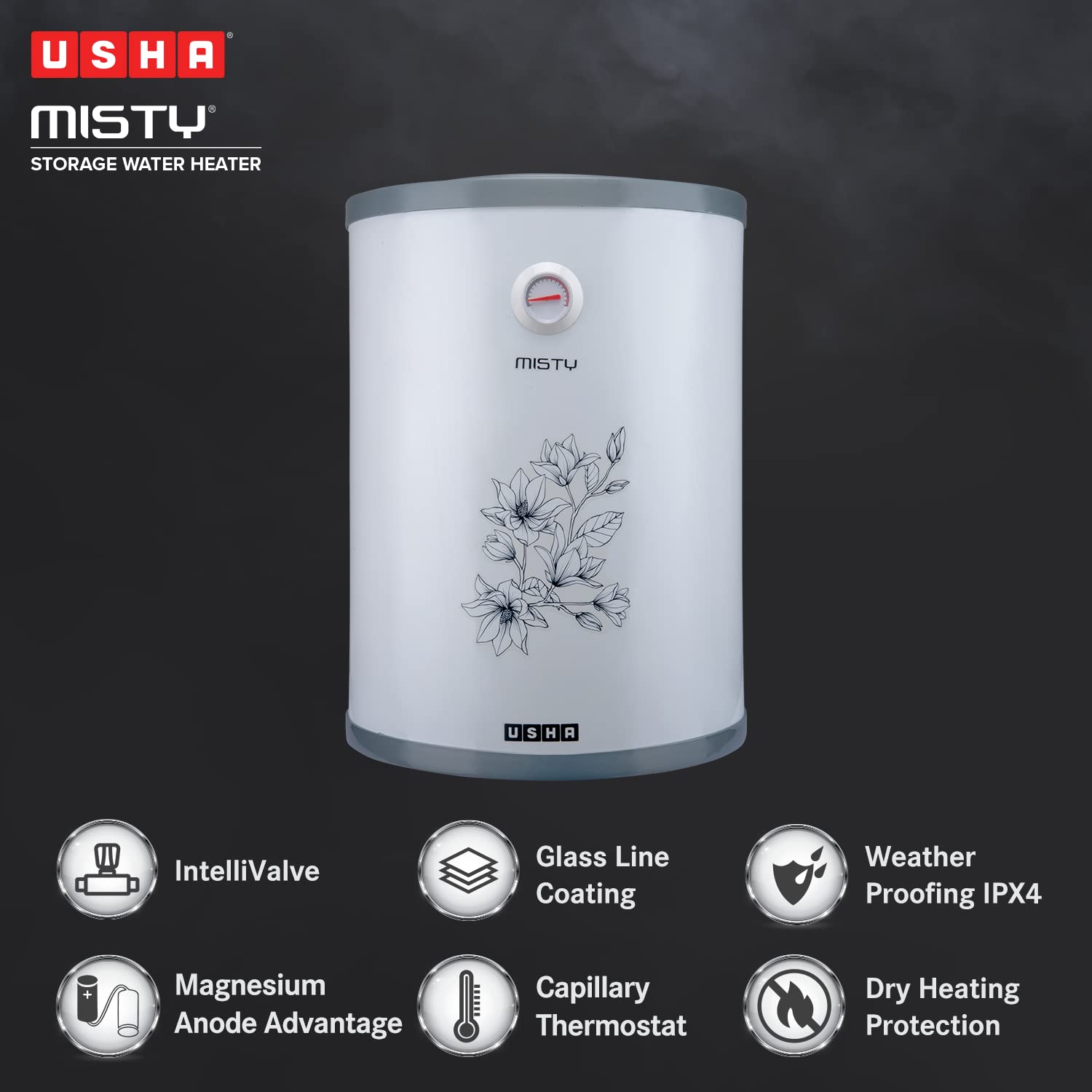 Usha Misty 6Ltr 2000-Watt 5 Star Water Heater Grey Magnolia