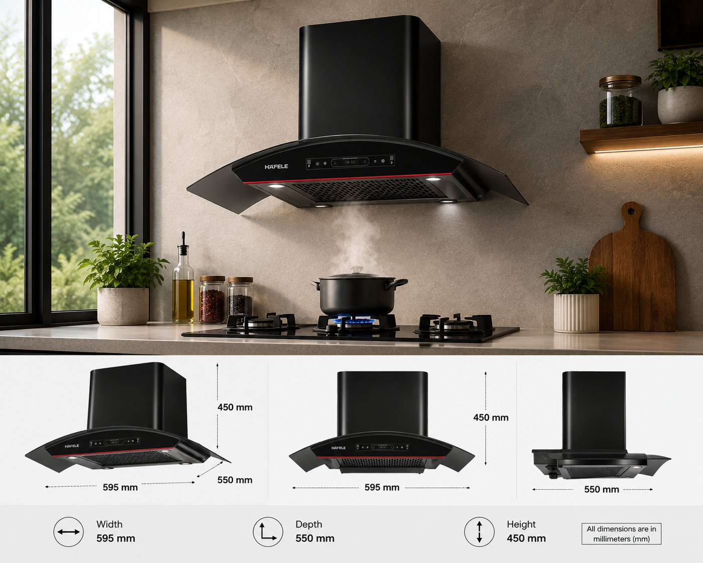 Hafele Renata Curved 90 Filter-Free Auto Clean Chimney | 90cm | Black Curved Glass