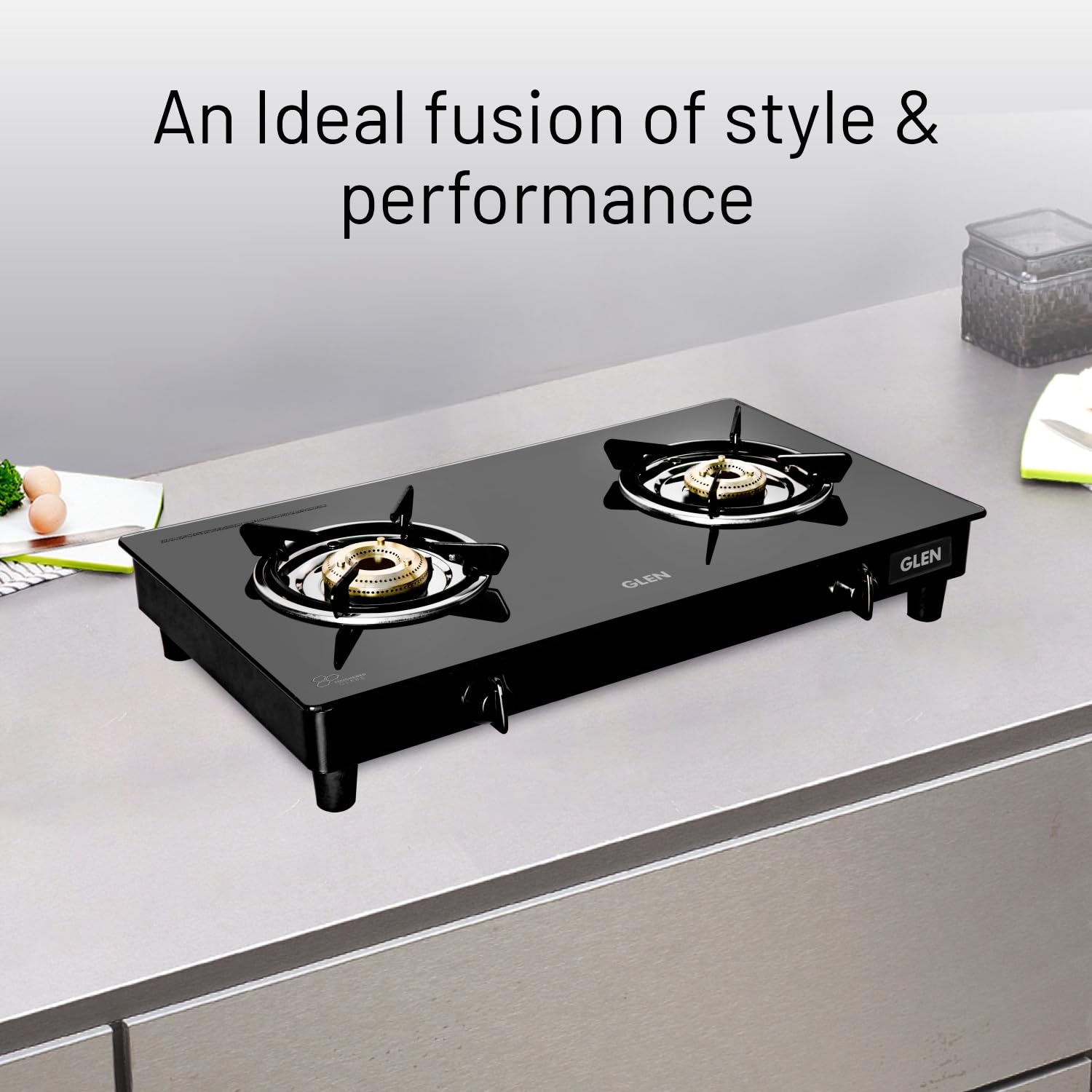 Glen 2 Burner Toughened Glass Top | LPG Gas Stoves | Fuel Efficient Brass Burners | Manual Ignition | ISI Certified | Ergonomic Knobs | Revolving Nozzle | 2 Manufacturer Year Warranty | 1020