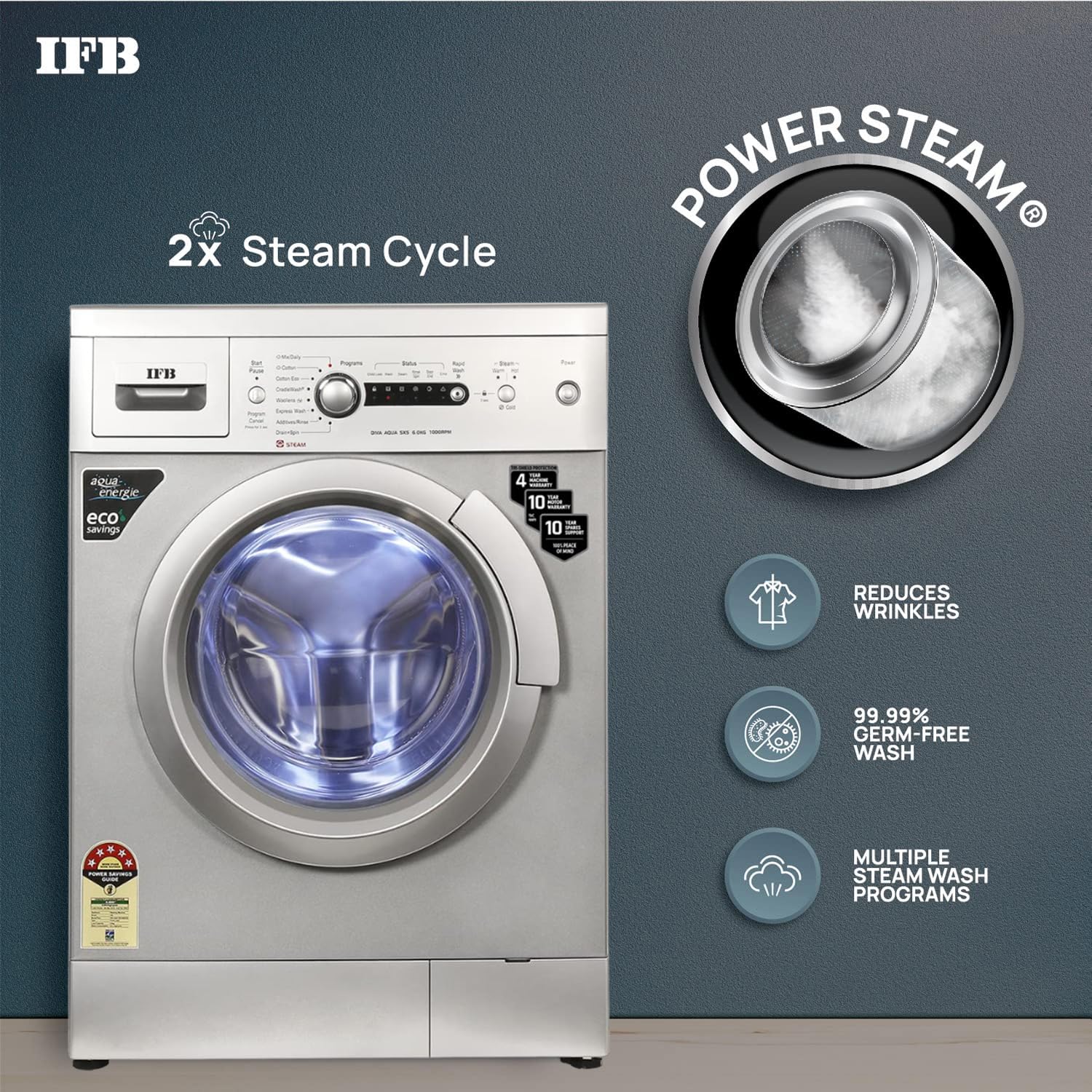 IFB 6 Kg 5 Star Front Load Washing Machine 2X Power Steam (DIVA AQUA SXS 6010, 2023 Model, Silver, In-built Heater, 4 years Comprehensive Warranty)