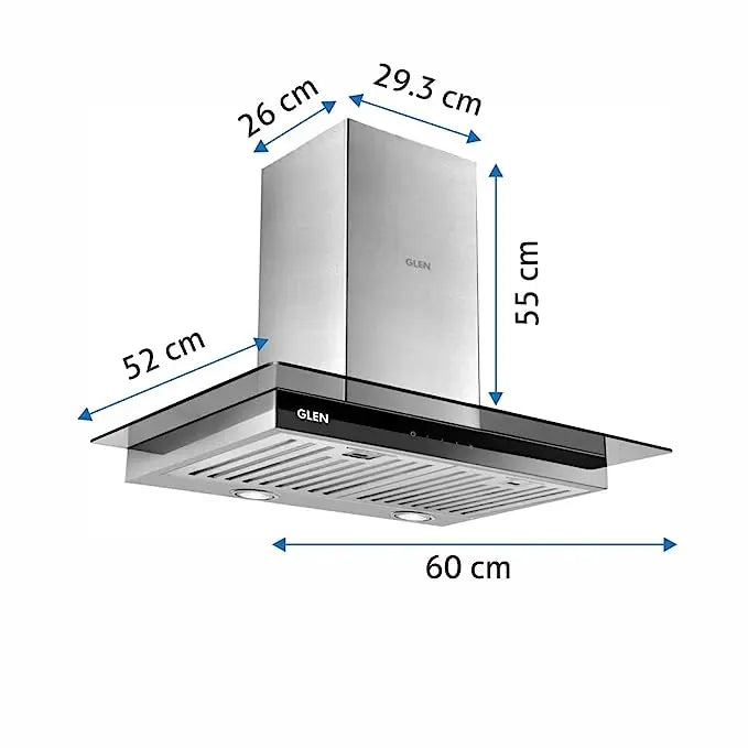Glen 60 cm 1000 m3/hr Glass Wall Mount Kitchen Chimney Touch Controls Baffle Filters (6062 SX TS, Silver)