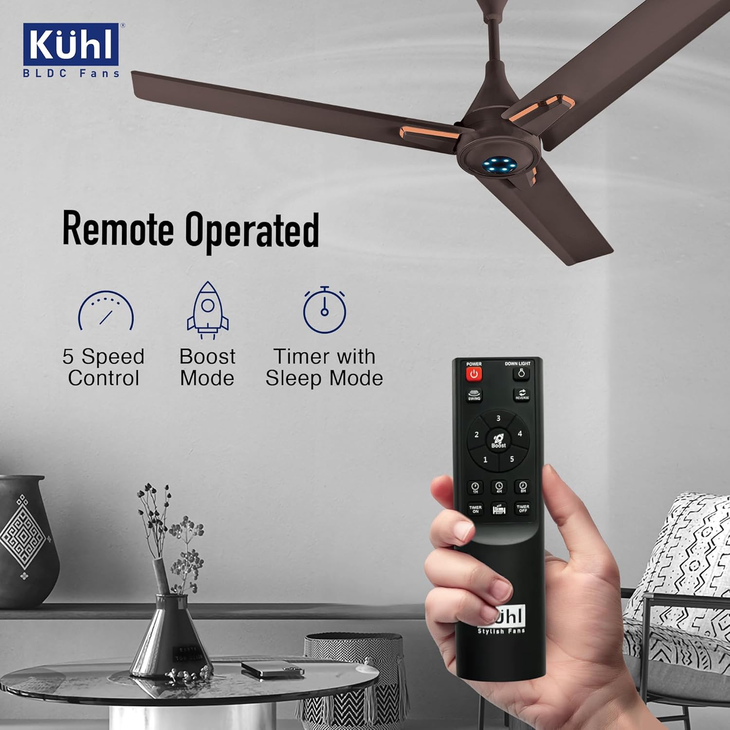 KUHL Arctis A7 1200mm BLDC Ceiling Fan with Remote | BEE 5 Star & ISI Marked | 65% Power Savings | High Air Delivery & LED Indicators