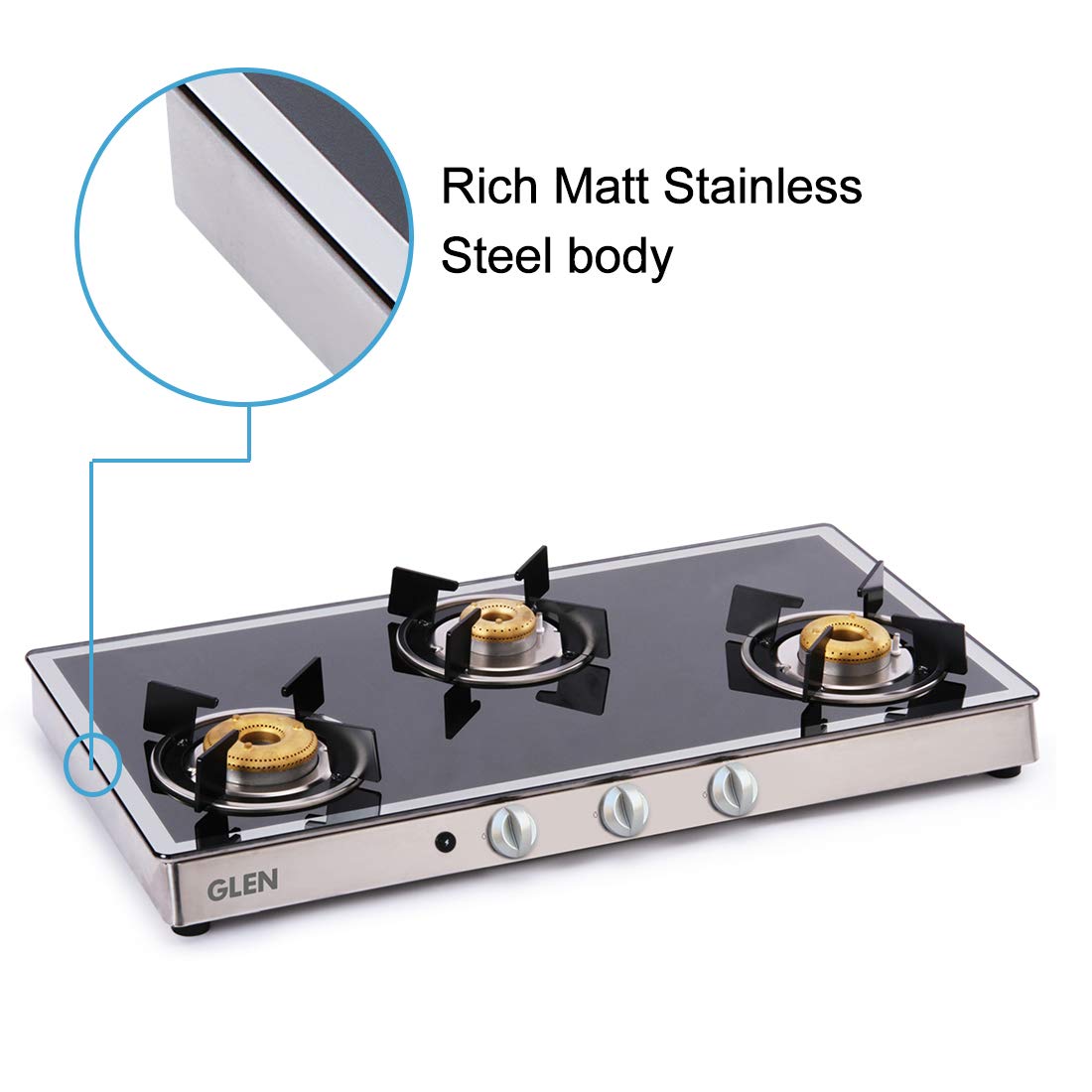 Glen 1038 GT Forged BB 3 Burners Gas Stove Auto Ignition (Black/Silver)