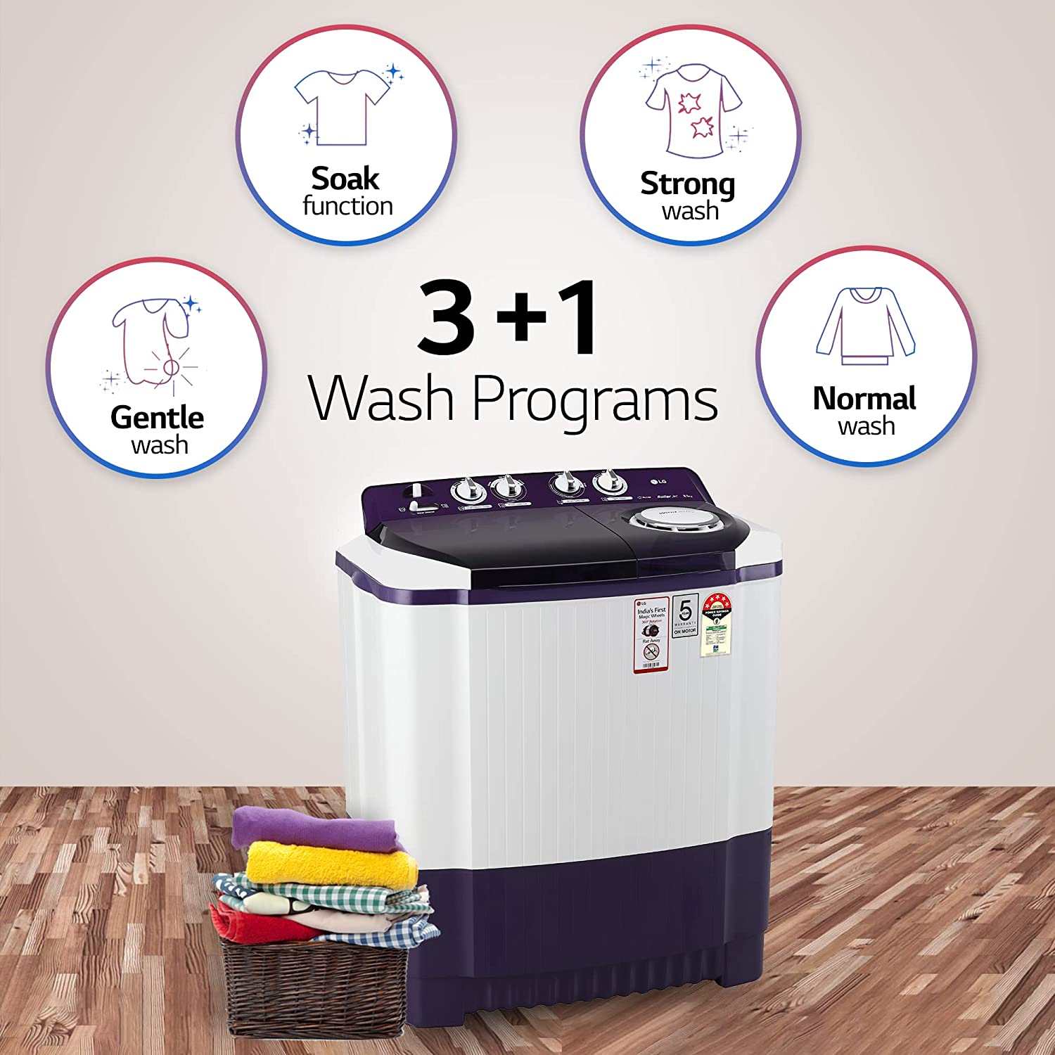 LG 8.5 Kg 5 Star Semi-Automatic Top Loading Washing Machine (P8535SPMZ, Purple, Roller Jet Pulsator), Large