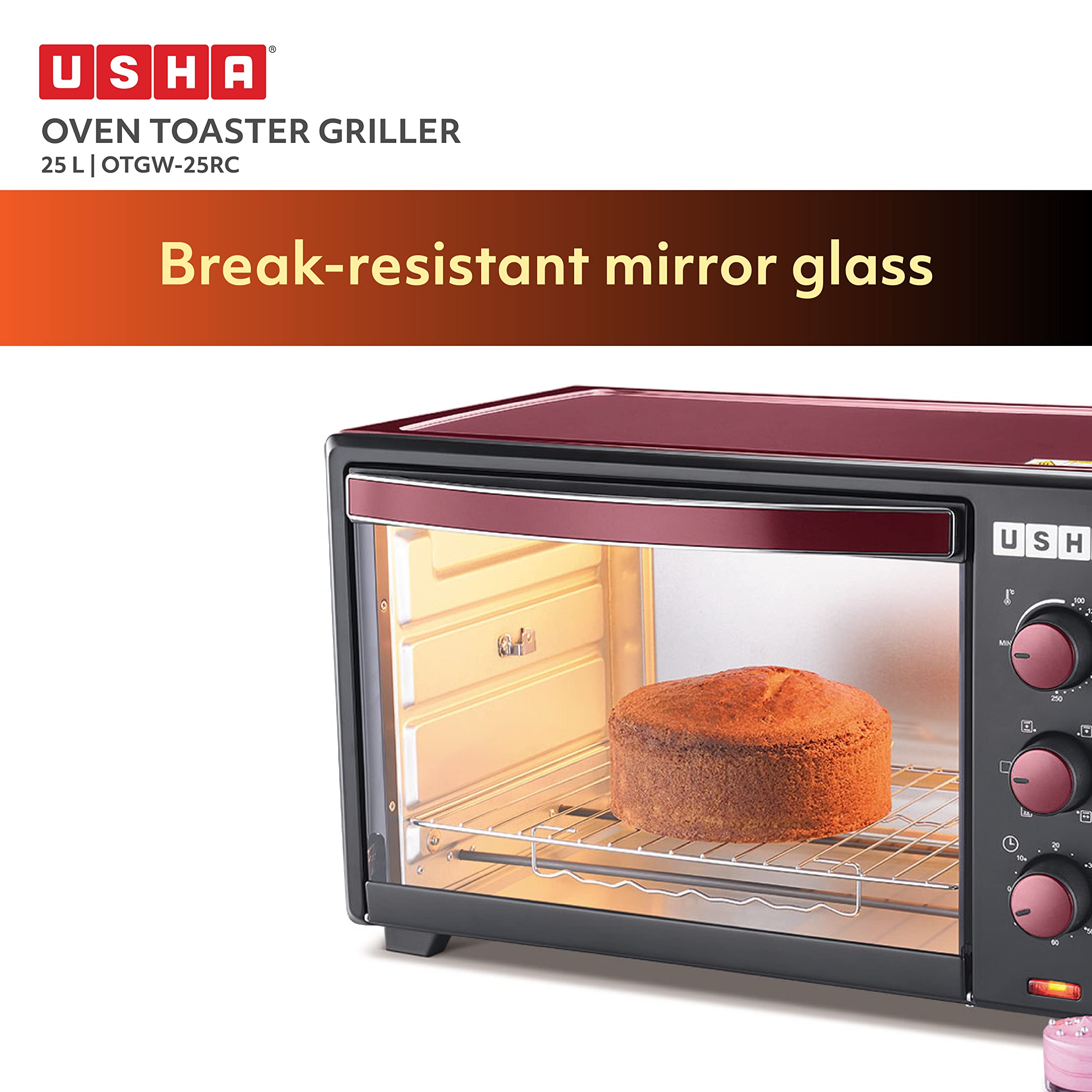 USHA 25L (OTGW 25RC) Oven Toaster Grill (Wine & Matte Black), Medium (OTGW25RC)