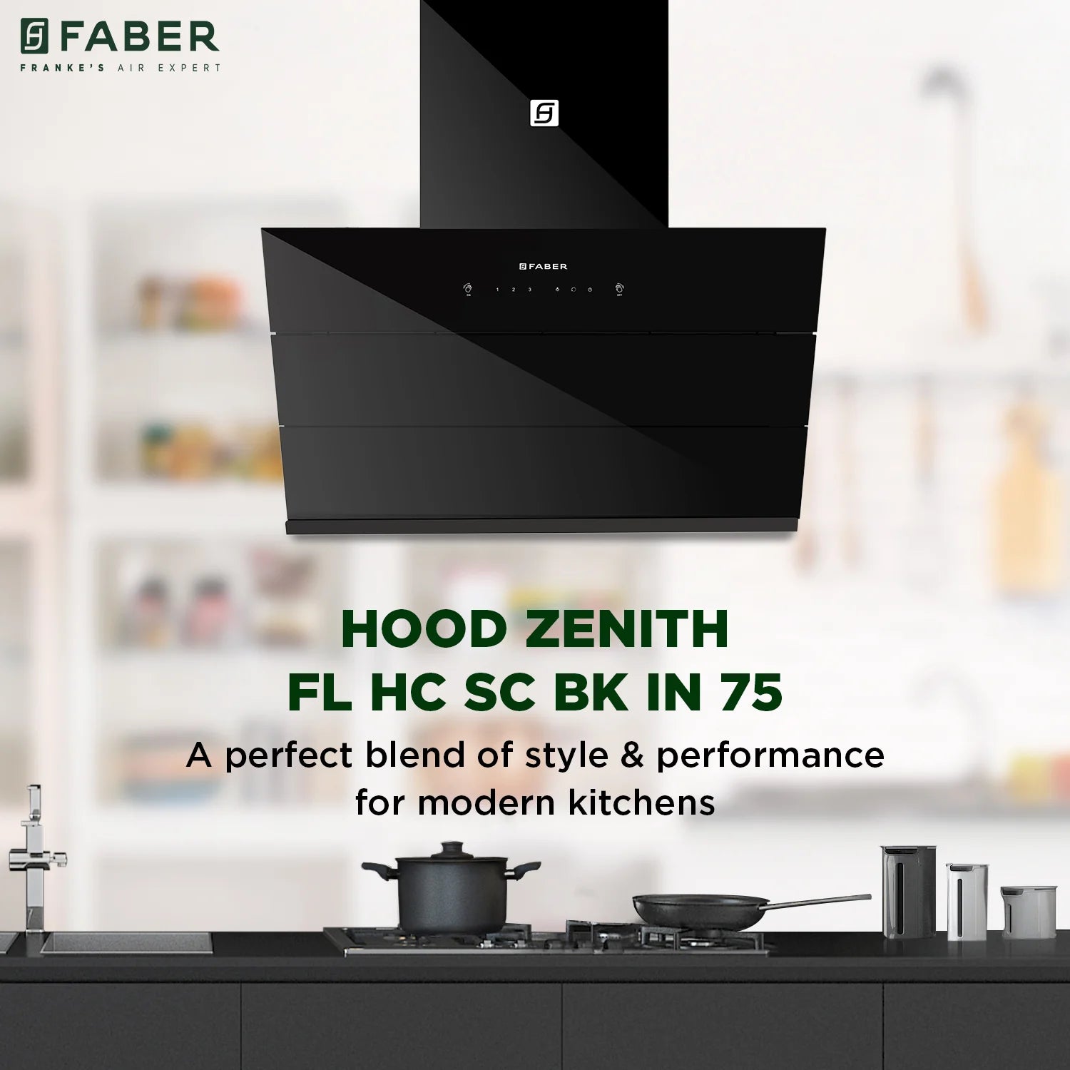 Faber Zenith FL HC SC BK IN 75cm 1400m3/hr Ducted Auto Clean Chimney with Odor Sensor - Wall Mount